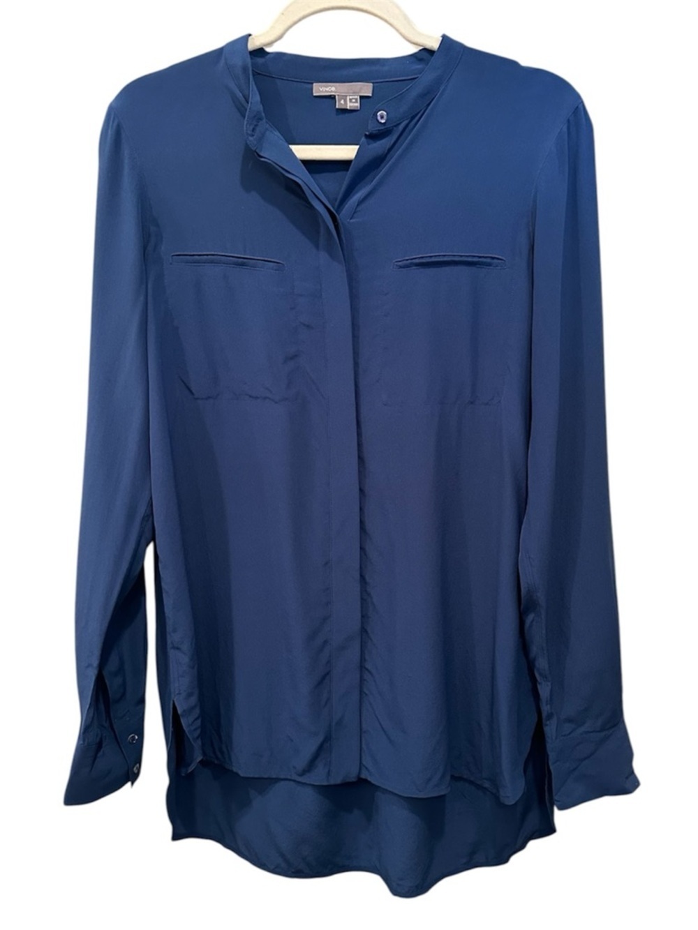 Vince Deep Blue 100% Silk Mandarin Collar Blouse Top Button Down Career Sz 4